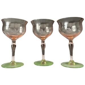 Weston Liquor Cocktail Glasses, Set of 3 Floral Cut, Pink Bowl, Green Foot VTG